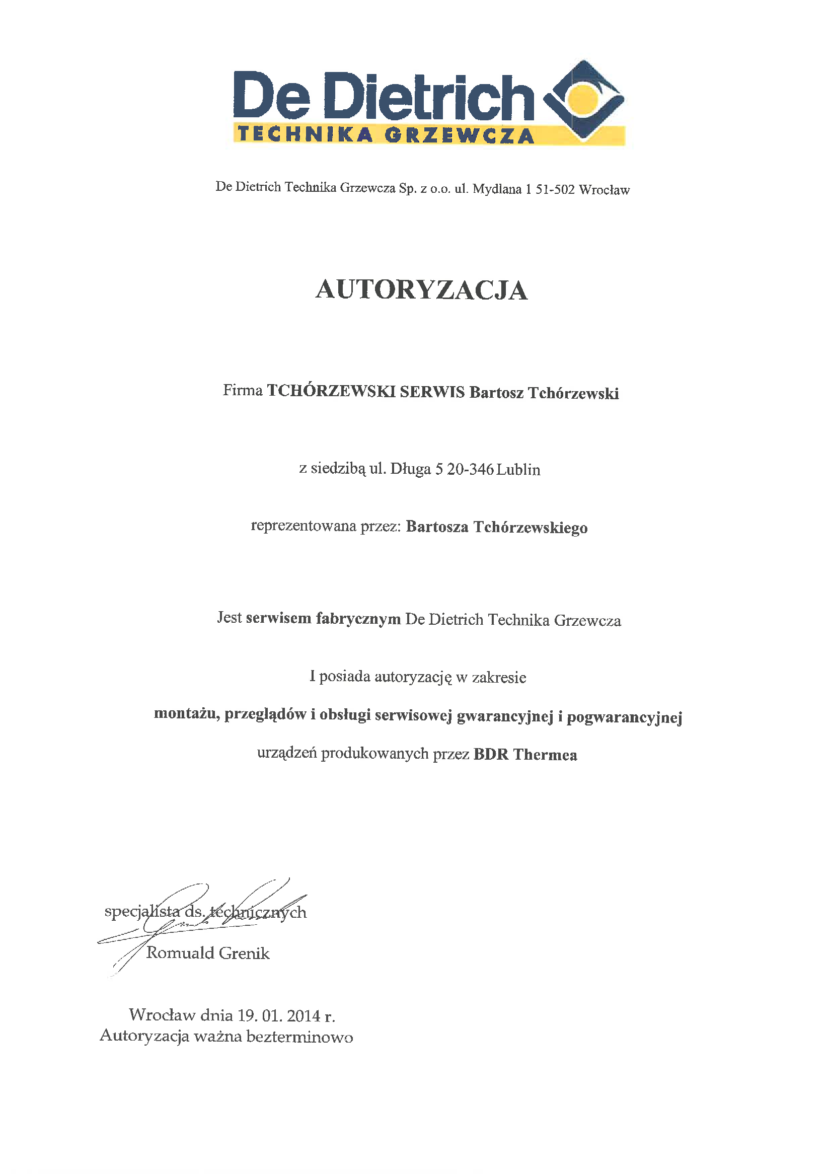  Certyfikat-Autoryzacji-DeDietrich-TCHORZEWSKI-SERWIS-Bartosz-Tchorzews...