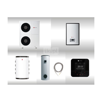 Pompa ciepła powietrzna powietrze-woda monoblok SAUNIER DUVAL GeniaAir HA 12-6 O 12.2 kW 400 V + Moduł naścienny HE 9-6 WB + Moduł komunikacji internetowej SR 940f + Zasobnik c.w.u. FEW 300 + Zasobnik buforowy WR RW 50 + Regulator SRC 720